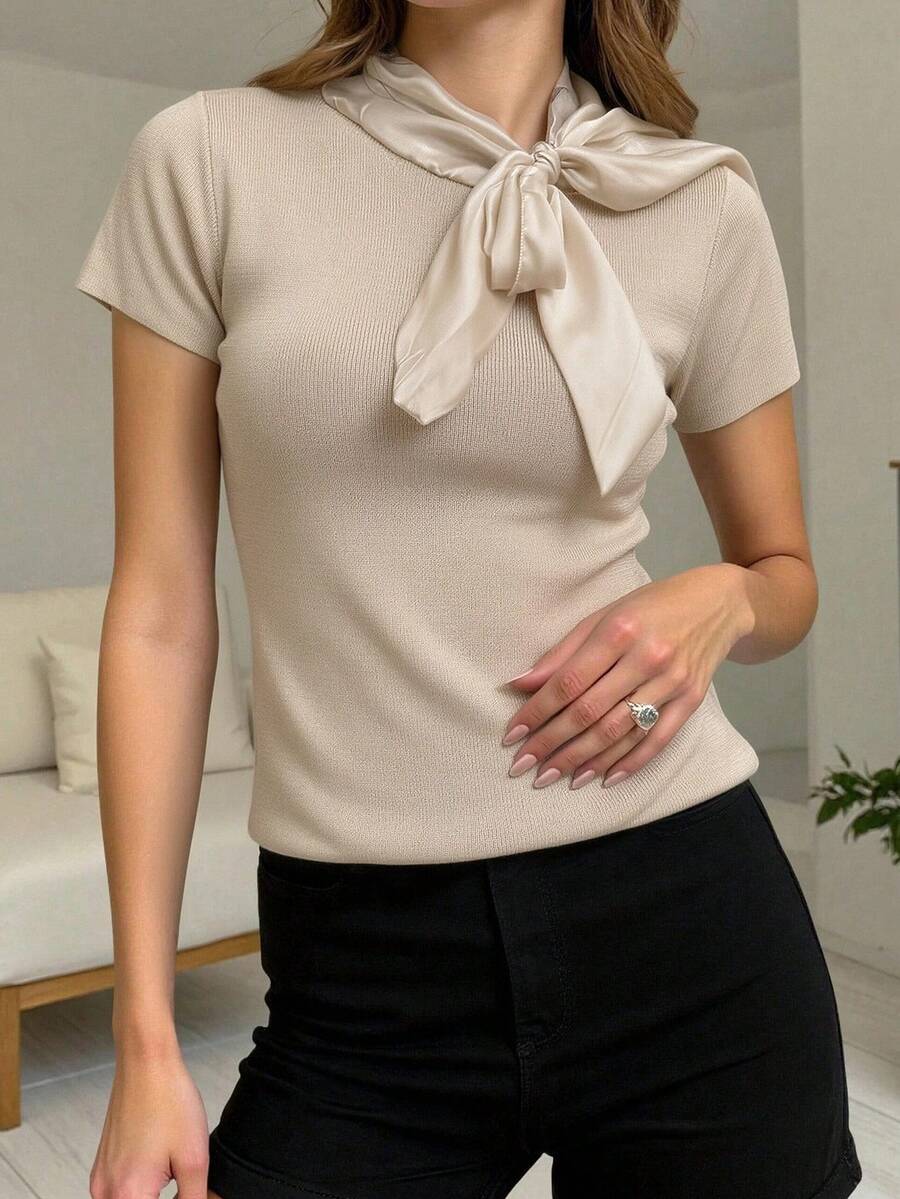 Blusa de manga corta ajustada de verano con lazo de gasa elegante de punto para mujer - Albaricoque - Ver 1