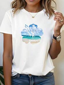 Camiseta de manga corta para mujer con estampado de flores de hibisco para vacaciones en la playa, cuello redondo, primavera-verano, regalo informal para compras y vacaciones, atuendo para reuniones de amigos y vacaciones.ropa de calor mujer - Blanco - Ver 1