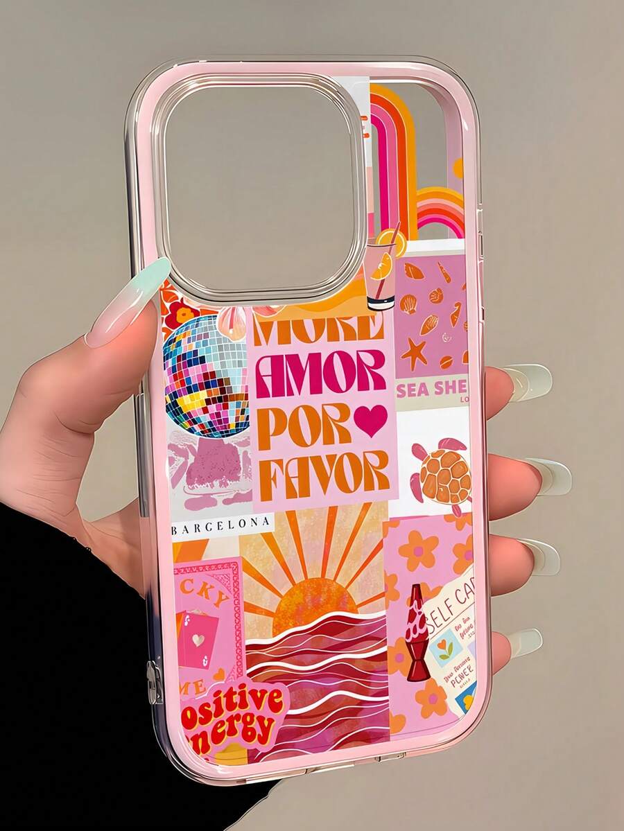 Resort Style 1pc Pink Frame Minimalist Lens Protection Sunlight & Wave Collage Pattern Phone Case, Compatible With IPhone 16 Pro Max, 17/16/15/14 Plus, 13/12/11, Air, Series - Multicolor - View 1