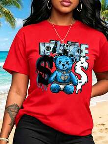 1 Piece Casual Fashion For Men And Women Spring Clothes Women Light Blue Bear Pattern Printed T-Shirt - Short Sleeve Round Neck Casual Top With Effort Slogan And Dollar Sign Design, Machine Washable Suitable For All Seasons, Comfortable Loose Fit And Comfortable Summer Versatile Style, Easy To Match, Suitable For Daily Wear, Urban Style, Holiday Outfits, Weekend Outfits. - 紅色 - 查看 6