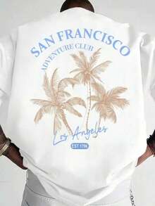 Coastal | Men's Plus Size Short Sleeve T-Shirt, Casual Vacation Style, With California Coastal Print | 100% Cotton | Suitable For Summer Wear | Comfortable And Breathable | Fashionable - 白色 - 查看 1