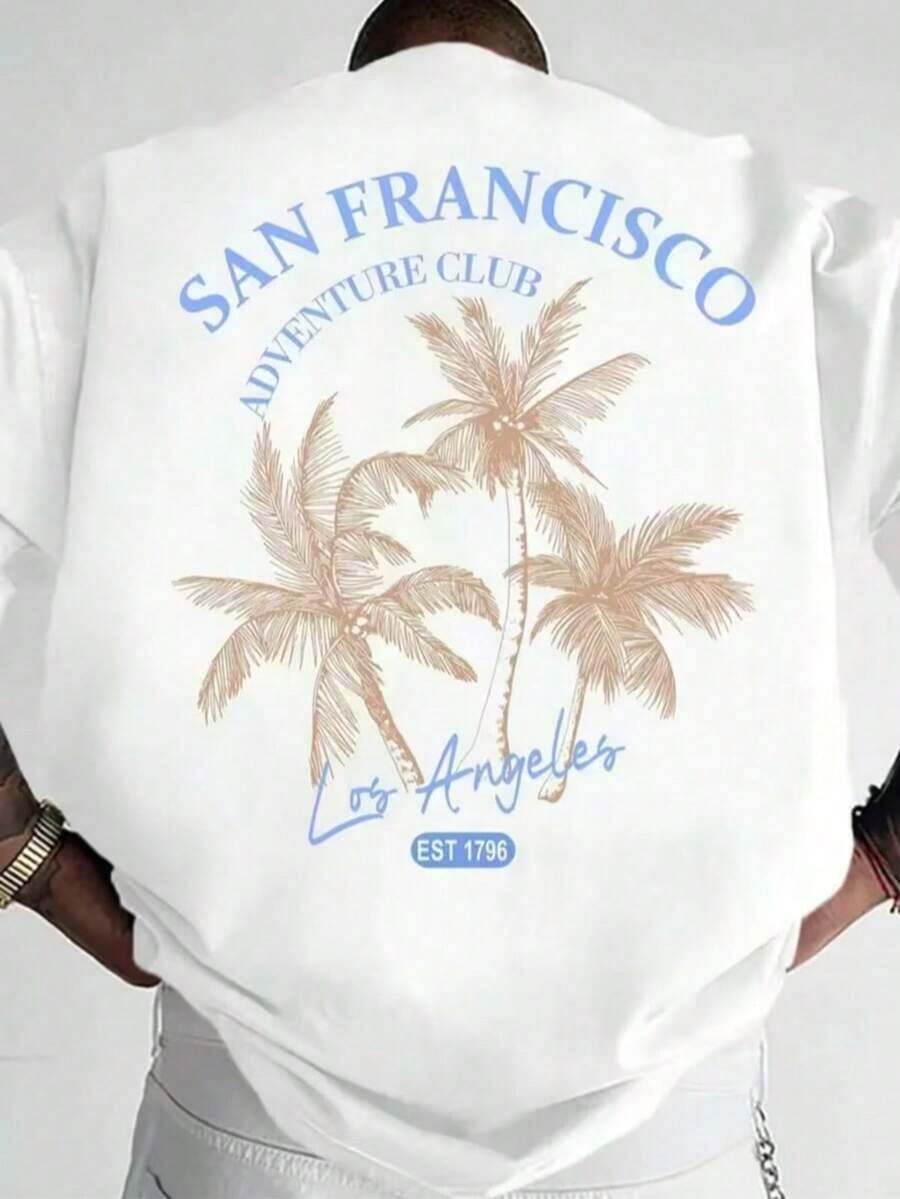 Coastal | Men's Plus Size Short Sleeve T-Shirt, Casual Vacation Style, With California Coastal Print | 100% Cotton | Suitable For Summer Wear | Comfortable And Breathable | Fashionable - 白色 - 查看 1