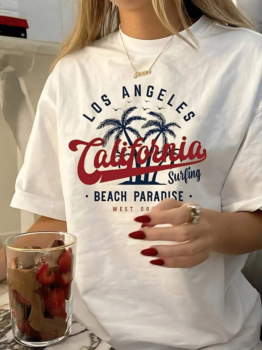 Women's 100% Cotton T-Shirt With Summer Graphic Print Of Palm Trees And Letters, Casual Beach Style, Loose Fit, Short Sleeves, Comfortable And Breathable For Everyday Wear And Vacations - 白色 - 查看 1