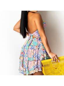 Vestido pastel de cuello V halter con calados elegantes y sensuales, estilo europeo americano primavera 2026. - Rosa - Ver 3