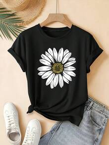 Camiseta de Mujer con Estampado de Margaritas, Conjunto de Ropa de Verano, Camiseta de Cuello Redondo, Moda de Temporada, Diseño Vintage, Ajuste Cómodo, Camiseta de Manga Corta para Mujer, Blusas para Mujer - Negro - Ver 1