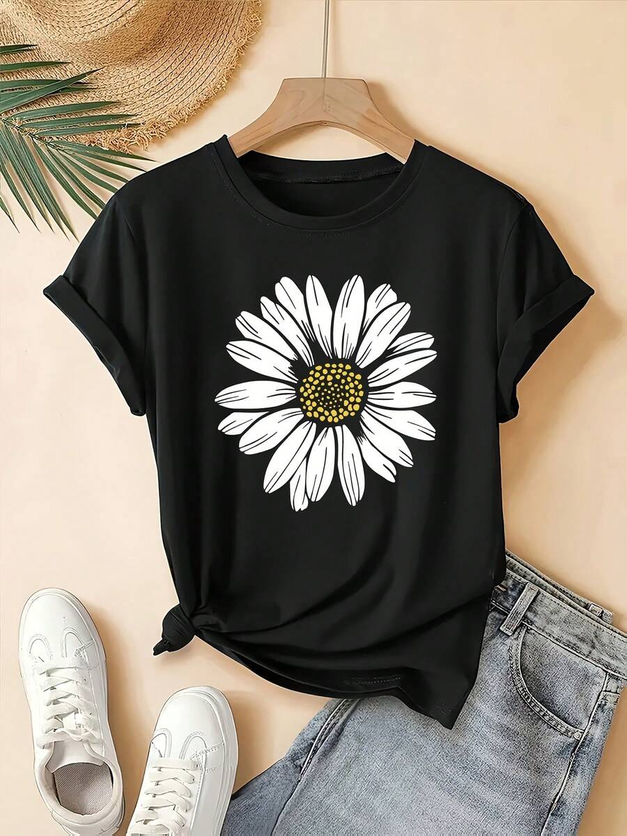 Camiseta de Mujer con Estampado de Margaritas, Conjunto de Ropa de Verano, Camiseta de Cuello Redondo, Moda de Temporada, Diseño Vintage, Ajuste Cómodo, Camiseta de Manga Corta para Mujer, Blusas para Mujer - Negro - Ver 1