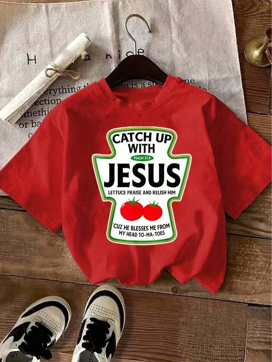[Sports T-Shirt] Short-Sleeved T-Shirt With Letter Print And Round Neck, Fashionable, Casual Top For Women, Plus Size Clothing For Women. Loose-Fitting Plus-Size T-Shirt > Beautiful. - 紅色 - 查看 1