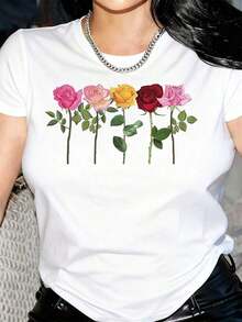 1 pieza Camiseta de Mujer, Top de Mujer, Camiseta con Estampado Floral, Estilo Sencillo, Manga Corta, Cuello Redondo, Casual, Holgada y Transpirable, Perfecta para el Uso Diario, Fiestas, Vacaciones y Trabajo, Adecuada para las Cuatro Estaciones, Hermosa. - Blanco - Ver 10
