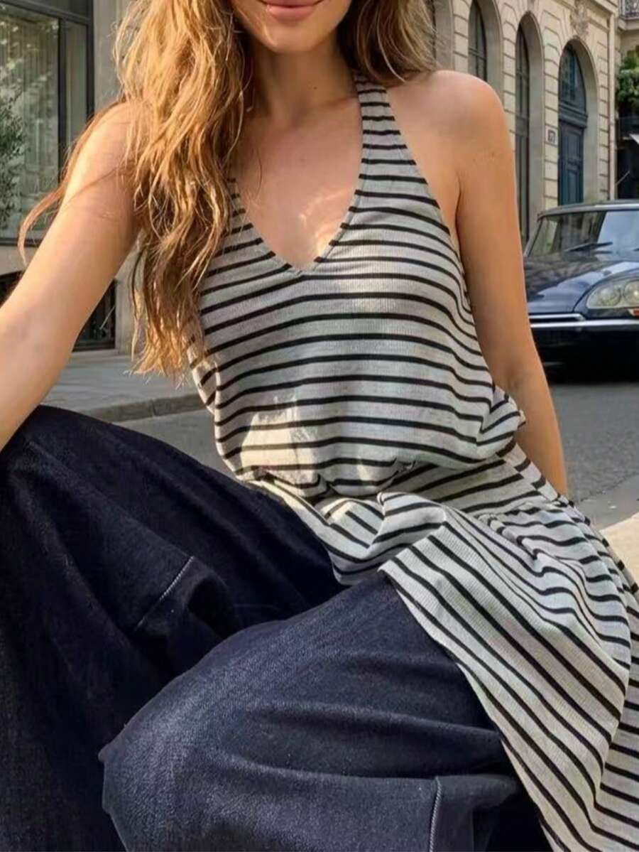 Camisole sans manches à rayures avec ourlet asymétrique pour femmes - Débardeur décontracté ajusté à la taille, convient pour le port quotidien décontracté en été - Gris - Voir 1