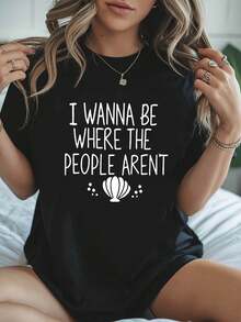 Talla - Talla - Un Slogan Llano, El de la Soledad: QUIERO ESTAR DONDE NO ESTÁN LOS DEMÁS. Camiseta de Moda Casual con Cuello Redondo y Estampado a Juego para Mujer de Talla para Primavera y Verano - Negro - Ver 6