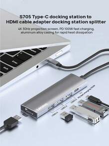 Lenovo S705 Type-C To HDMI Docking Station Splitter, 4K 30Hz Screen Mirroring, PD 100W Fast Charging, Suitable For Desktop And Laptop Expansion Hubs, Aluminum Alloy Casing For Rapid Heat Dissipation, Promoting Efficient Office Work. - View 1