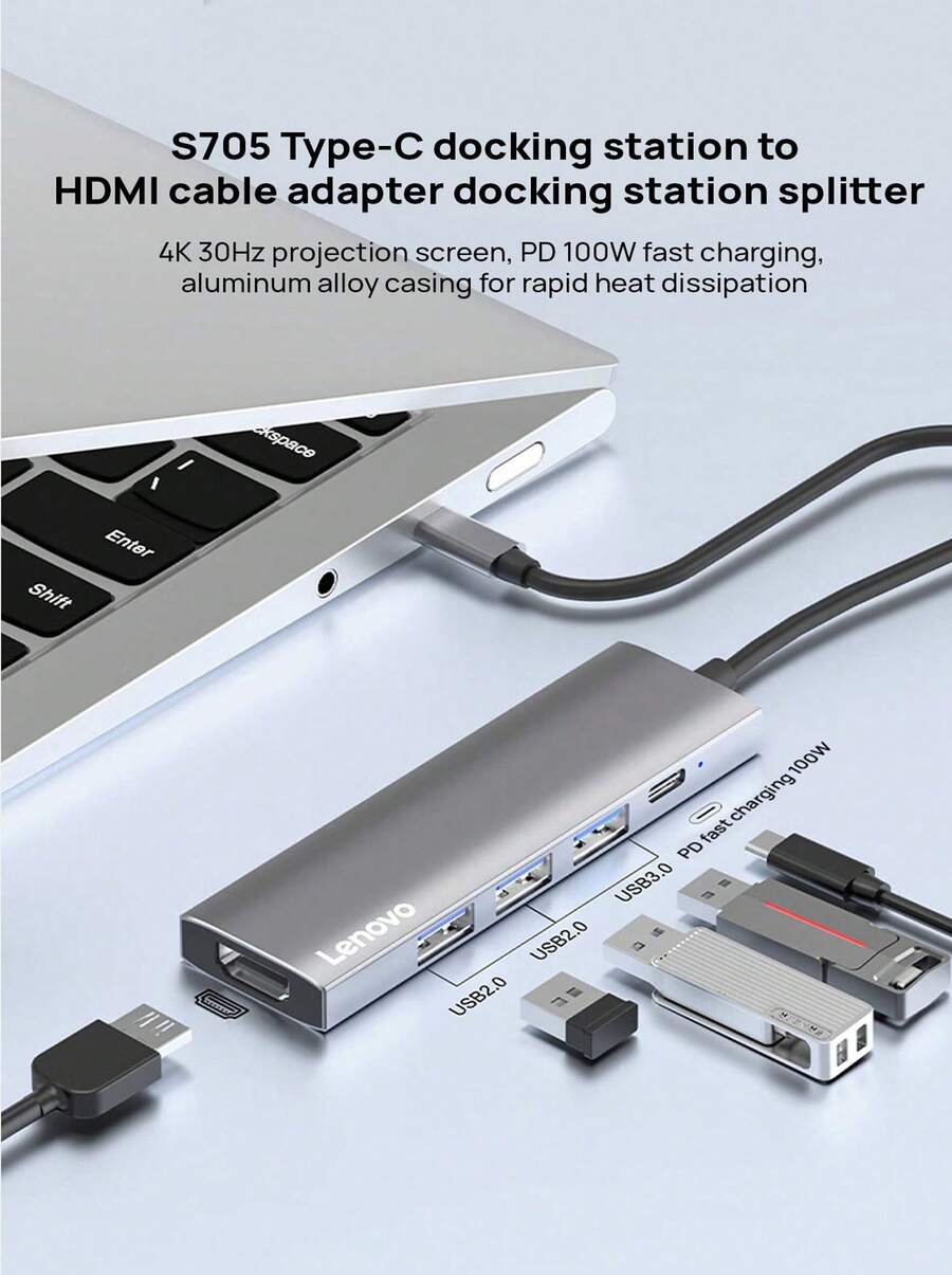 Lenovo S705 Type-C To HDMI Docking Station Splitter, 4K 30Hz Screen Mirroring, PD 100W Fast Charging, Suitable For Desktop And Laptop Expansion Hubs, Aluminum Alloy Casing For Rapid Heat Dissipation, Promoting Efficient Office Work. - View 1