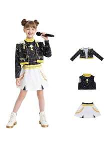 K-Pop  Cosplay Outfit Combined With A Stage Costume In A Pop Singer Print - 黑色 - 查看 1