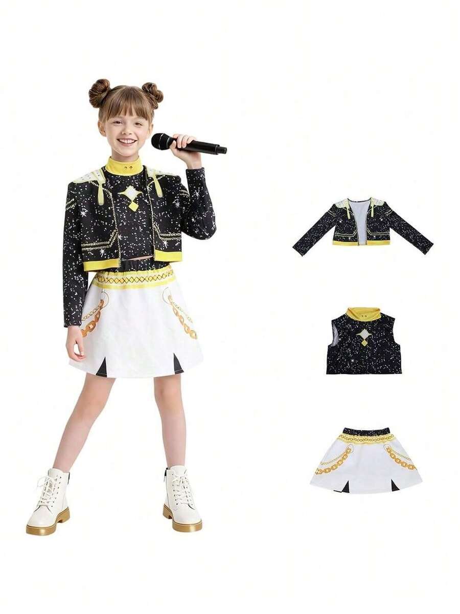K-Pop  Cosplay Outfit Combined With A Stage Costume In A Pop Singer Print - 黑色 - 查看 1
