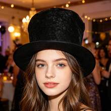 Velvet Vintage Dramatic All Seasons Top Hat, Distressed Texture, Relaxed Fit, Perfect For Themed Party, Halloween Cosplay, Stage Performance - Black - View 3