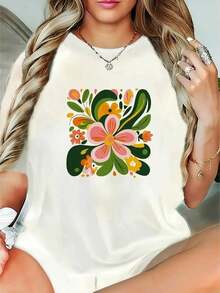 Camiseta de algodón de talla grande para mujer, ideal para el verano. Camiseta casual de manga corta con estampado floral - tejido suave, cuello redondo, patrón geométrico vibrante, ligera y - Blanco - Ver 6