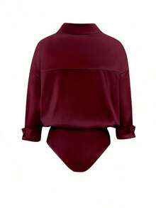 Body de manga larga y unicolor elegante para mujer - Burdeos - Ver 2