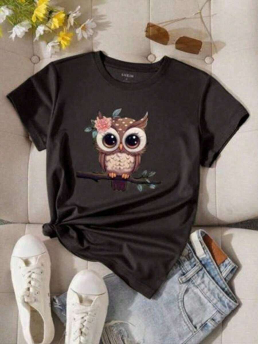 Camiseta básica de mujer, cuello redondo, manga corta, estampado de búho, casual, de algodón, cómoda, estilo moderno. - Negro - Ver 1