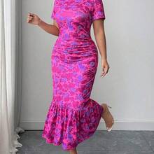 Elenzya Plus Size Women Floral Print Stretch Knit Bodycon Dress, Round Neck Short Sleeve Fitted Dress, Available In June - Multicolor - Ver 2