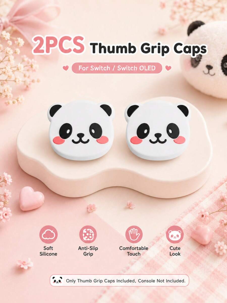 2pcs Panda Silicone Joystick Caps, Fit For Nintendo Switch/Switch OLED Controller, Non-Slip Thumb Stick Covers, Soft Comfortable Grip, Easy To Install Cartoon Panda Gaming Accessories, Caps Only, No Console Included - View 1