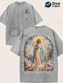 Camiseta de algodón lavado con estampado floral de la Virgen María y el Ave María, estilo urbano, de la marca Orca . Adecuada para uso casual, salidas al aire libre, fiestas, vacaciones, regalos y otras ocasiones. - Gris - Ver 7