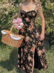 Vestido con abertura y lazo floral - Negro 2 - Ver 3