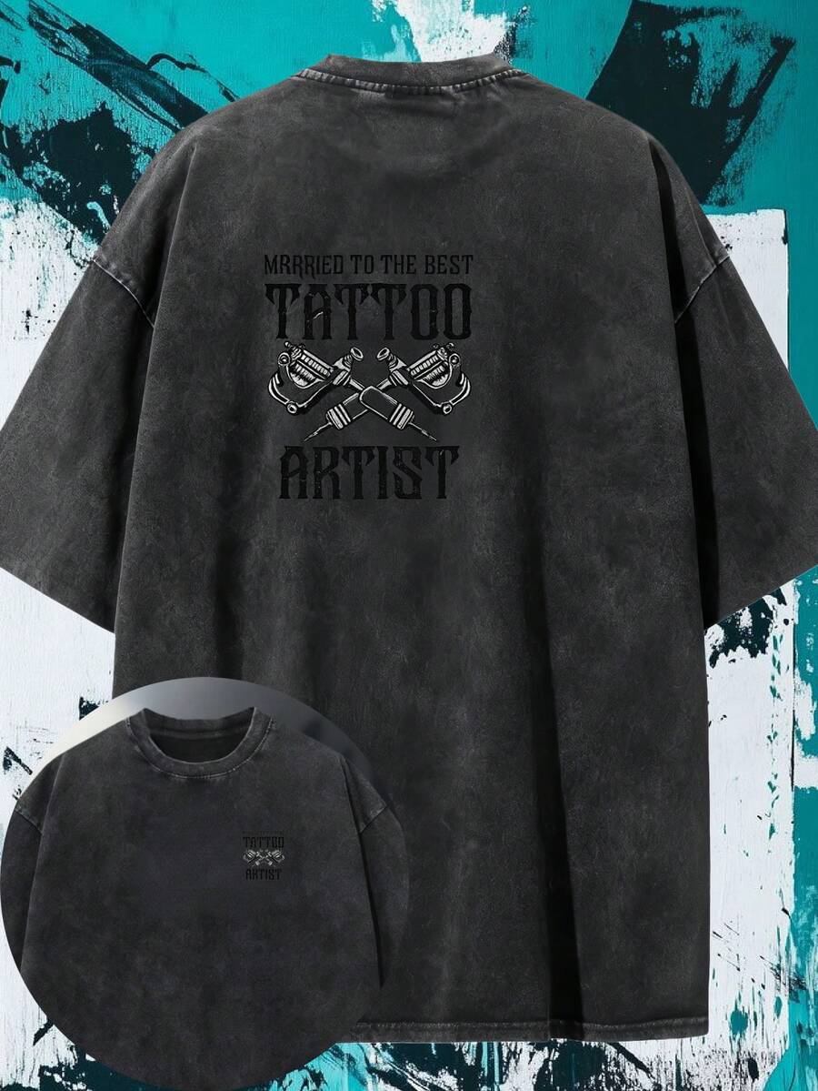 Camiseta estampada a doble cara con efecto lavado, temática de tatuador, graffiti callejero, estilo hip-hop, cómoda, única, elegante, para viajes y uso casual. - Negro - Ver 1