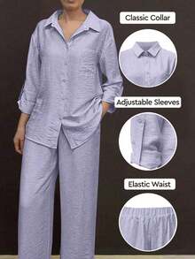 Cardigan casual con cuello polo ligero, blusa elegante de unicolor versátil adecuada para la playa, el diario, el trabajo, las compras, de tela suave, pantalones sueltos con cintura elástica, conjunto de 2 piezas, primavera/verano/otoño - Morado - Ver 2