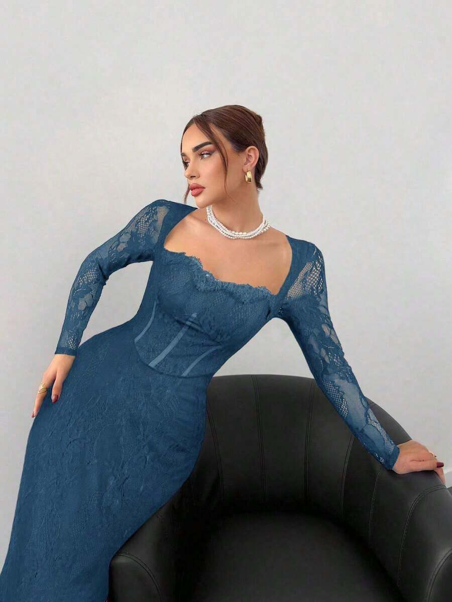 Vestido negro ajustado hasta el suelo con cuello corsé ahuecado y mangas largas con encaje en forma de S sexy para mujer para fiestas, citas y banquetes de otoño/invierno nuevo - Agua verde azul - Ver 1