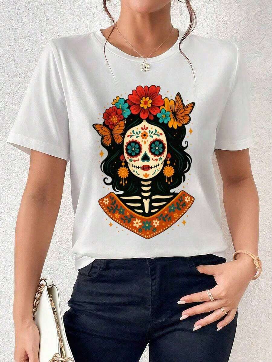 And Women's T-Shirt, Day Of The Dead Aesthetic Skeleton Graphic Tee - Gift For Women, With Mexican Floral Print, Ideal For Halloween, Autumn And Summer, Machine Washable Men's T-Shirt Tops Sweatshirts For Women Y2k T-Shirt Shirt - 白色 - 查看 1