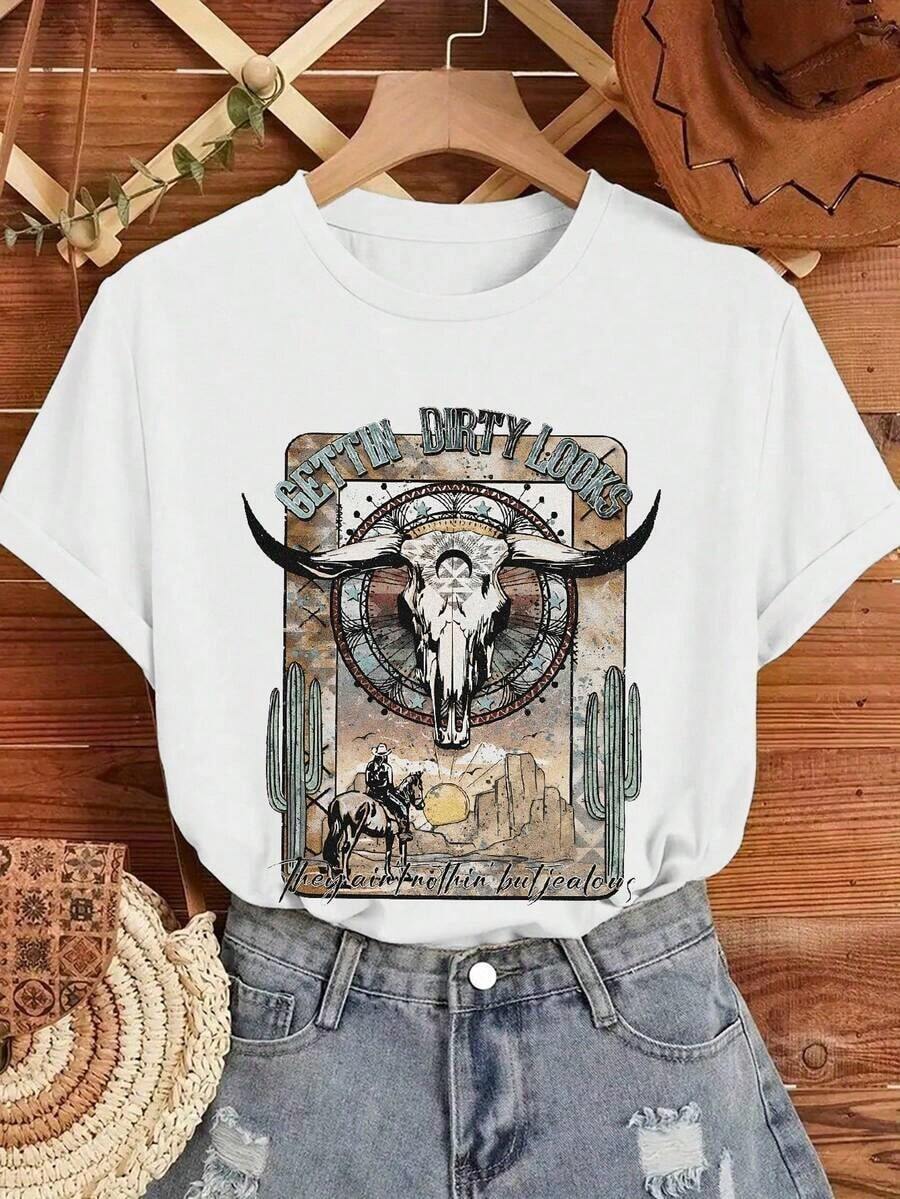 ofertas y liquidacionesWomen's denim T-shirt | Camiseta de Mujer con Estampado de Calaveras Estilo Western | Diseño Boho Cowgirl | Tela 100% de algodón puro | Suave y cómodo | Perfecto para uso casual y regalos diarios | Camiseta blanca de cuello redondo | Hecho en México | Domestic Shippingplayera de hombretops sudaderas para mujer Y2k Camiseta Camisa De - Blanco - Ver 1