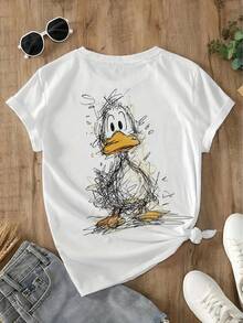 Camiseta manga corta cuello redondo 100% algodón, estampado trendy, tejido ligero y ventilado, estilo moda casual, apta para vida diaria, salidas informales y citas en primavera, verano y otoño - Blanco - Ver 2
