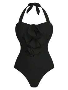 Swim Oasis Conjunto de traje de baño de una pieza con estampado floral 3D para vacaciones de verano - Negro - Ver 7