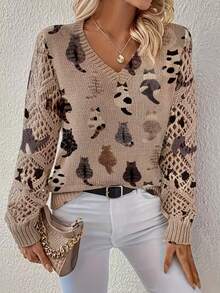 Elegant Versatile V-Neck Long Sleeve Women Sweater With Cat Graphic Digital Printing Vacation - Khaki - View 4