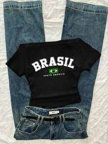 Camiseta de manga corta ajustada con hombros descubiertos y pliegues en la cintura, con estampado de limón, adecuada para el verano - Negro 2 - Ver 7