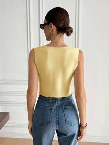 Chaleco elegante de mujer de unicolor con cuello en V sin mangas, decorado con botones metálicos, para verano, playa, vacaciones, estilo boho, tropical, casual, de oficina, de salida elegante, para la escuela y vacaciones, color albaricoque - Amarillo - Ver 2