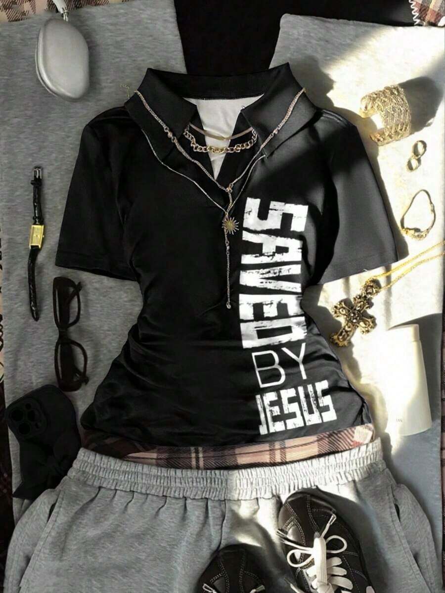 Blusa de cuello polo con estampado retro de los años 2000 para mujer, de estilo casual y a la moda, adecuada para uso diario, fiestas y festivales de música. - Multicolor 6 - Ver 1
