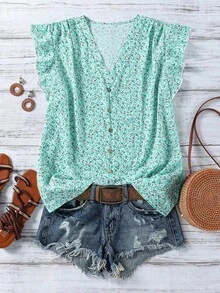 Clasi Blusa de mujer de verano con cuello en V y mangas cortas con estampado floral - verde menta - Ver 8