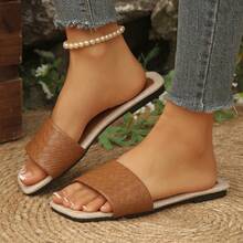 1 Pair Vacation Style Color Block Slip-On Sandals, Women's Flat Square Toe Beach Slippers, Linen Pattern Flip Flops, Versatile Summer Outdoor Wear - Brown - View 2
