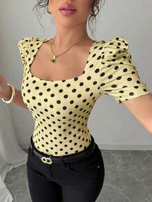 Camiseta casual de mujer, elegante y sexy, de manga corta, cuello joya, mangas abullonadas, puños fruncidos, estampado de lunares blancos y negros, silueta ajustada, adecuada para vacaciones - Multicolor 4 - Ver 4