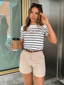 PariChic Camiseta casual de mujer a rayas, camisetas gráficas versátiles para mujer - Blanco y Negro 3 - Ver 4