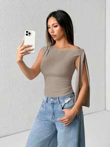 Camiseta de tirantes de unicolor informal con cuello de halter y lazada para el verano - Gris Claro - Ver 4