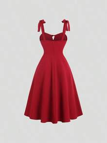 Vestido elegante sin mangas de mujer de unicolor con pliegues y atar delantero con calado - Burdeos - Ver 2