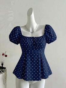 Sweetro Blusa de mujer con cuello en V, manga de pétalos y lunares blancos, estilo francés para primavera/verano - Azul marino - Ver 4