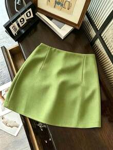 Falda casual versátil de cintura baja con abertura, falda gris, falda A-line de doble capa con bajo con abertura, falda casual de mujer, mini falda, falda corta ajustada de cintura alta con abertura, falda casual versátil para uso diario, r - Verde - Ver 2