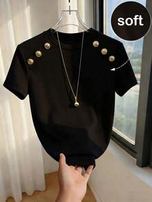 Camiseta ajustada de mujer de manga corta con cuello redondo y decoración de botones en color albaricoque, adecuada para uso diario, casual y versátil, top casual de verano para mujer con botones - Negro - Ver 7