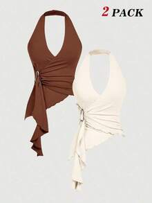 2 piezas Parte superior de tirantes casual con hebilla metálica anudada y bajo asimétrico ajustado, ropa de mujer para Navidad, Año Nuevo, fiesta, Acción de Gracias, blanco, salir, vacaciones - Café integral - Ver 1