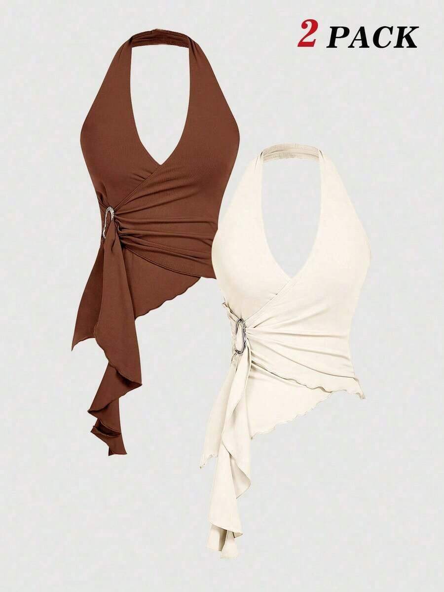 2 piezas Parte superior de tirantes casual con hebilla metálica anudada y bajo asimétrico ajustado, ropa de mujer para Navidad, Año Nuevo, fiesta, Acción de Gracias, blanco, salir, vacaciones - Café integral - Ver 1