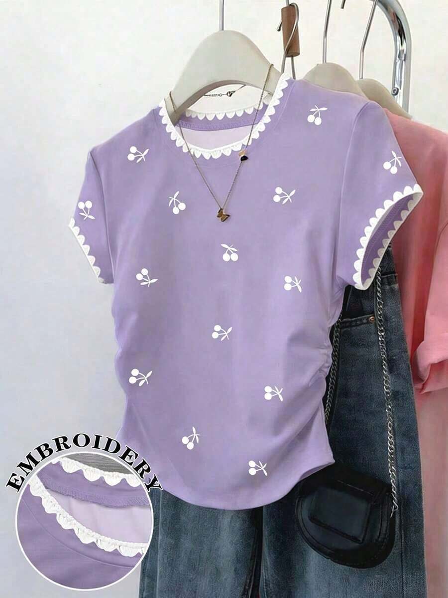 lanzamiento de verano, top corto versátil y casual con estampado de limón dulce, camiseta ajustada a la cintura para mujer, diseño cómodo, adecuado para uso diario, al aire libre, compras - Morado - Ver 1