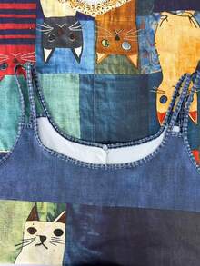 Contrast Color Patchwork Cat Print Asymmetric Hem Dress, Vacation Elegant Summer - Multicolor - View 4